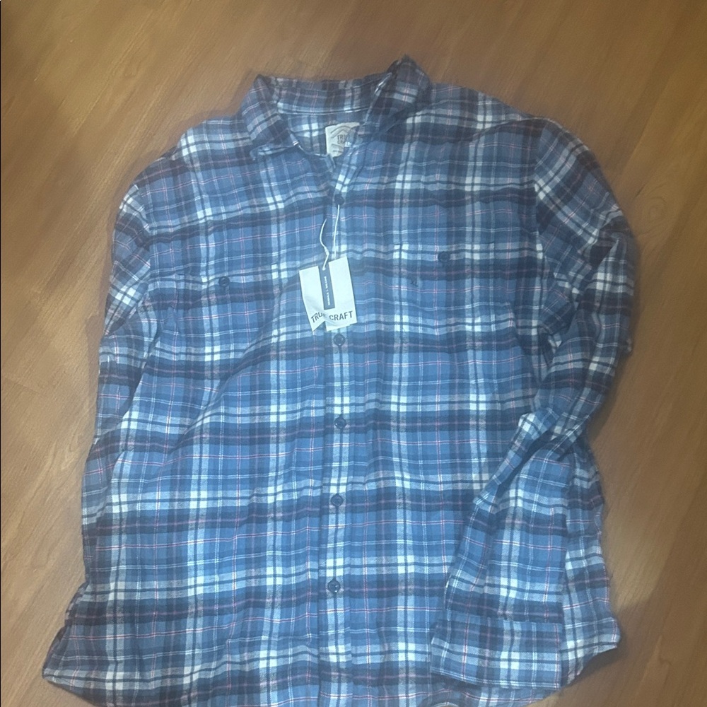 True Craft Men's Navy and White Plaid Button Down Shirt